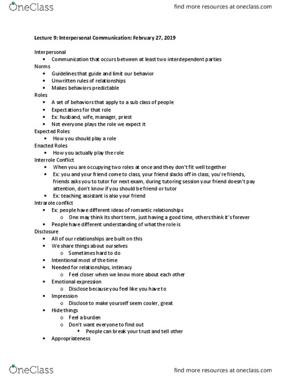 COMM 1000 Lecture Notes - Lecture 9: Emotional Expression, Uncertainty Reduction Theory, Attachment Theory thumbnail