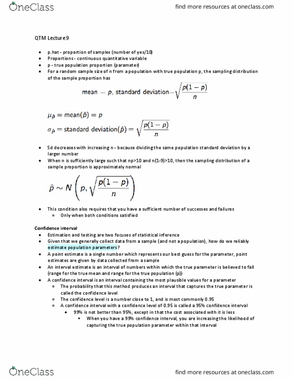 QTM 100 Lecture Notes - Lecture 9: Confidence Interval, Interval Estimation, Statistical Parameter thumbnail