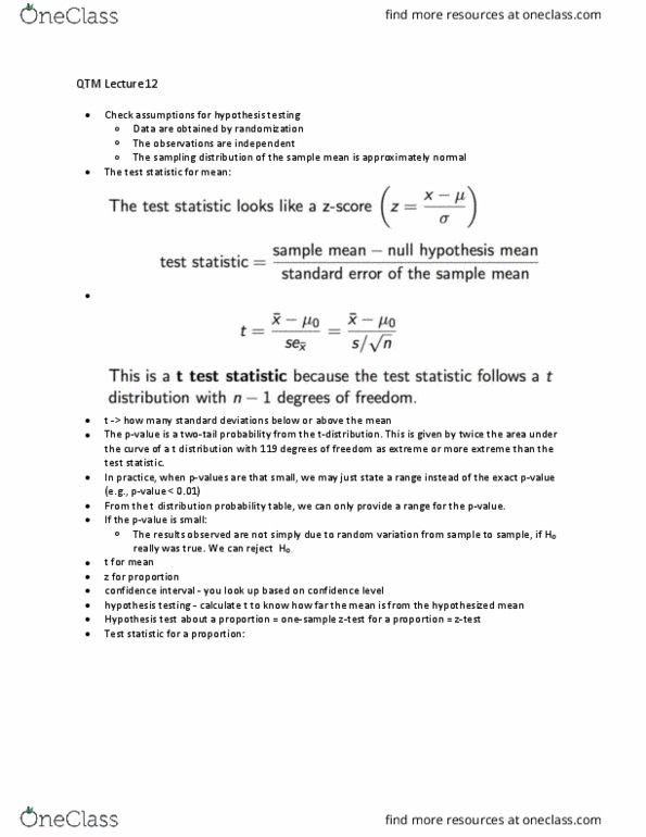 QTM 100 Lecture Notes - Lecture 12: Confidence Interval, Test Statistic, Statistic thumbnail