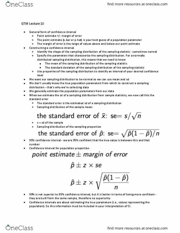 QTM 100 Lecture Notes - Lecture 10: Confidence Interval, Point Estimation, Statistical Parameter thumbnail