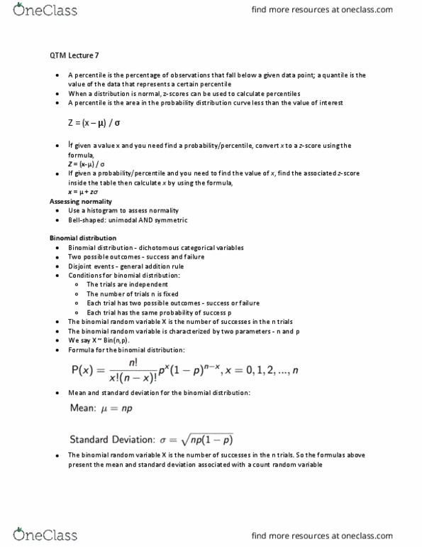 QTM 100 Lecture Notes - Lecture 7: Binomial Distribution, Random Variable, Standard Deviation thumbnail