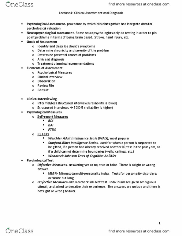 PSYC 2011 Lecture Notes - Lecture 4: Neuropsychological Assessment, Personality Disorder, Cultural Bias thumbnail