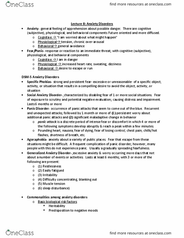 PSYC 2011 Lecture Notes - Lecture 8: Social Anxiety Disorder, Generalized Anxiety Disorder, Panic Attack thumbnail