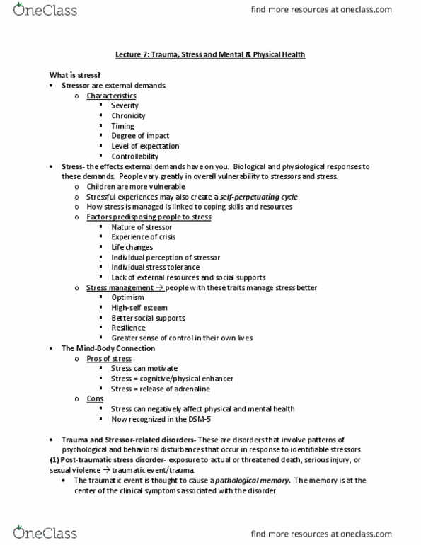 PSYC 2011 Lecture Notes - Lecture 7: Posttraumatic Stress Disorder, Stress Management, Dsm-5 thumbnail