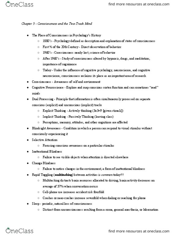 PSYC 103 Chapter Notes - Chapter 3: Cognitive Psychology, Chemical Substance, Narcolepsy thumbnail