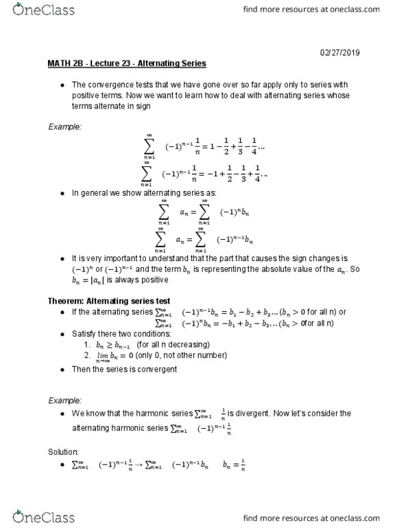 MATH 2B Lecture Notes - Lecture 23: Alternating Series Test, Alternating Series cover image