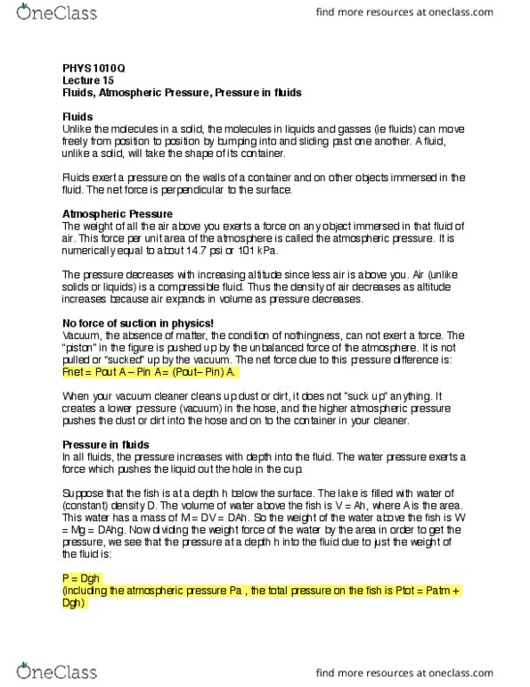 PHYS 1010Q Lecture Notes - Lecture 15: Vacuum Cleaner, Atmospheric Pressure, Net Force thumbnail