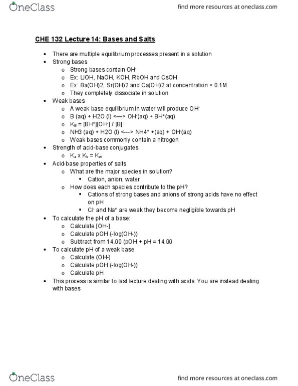 CHE 132 Lecture Notes - Lecture 14: Strontium Hydroxide, Barium Hydroxide, Ph cover image