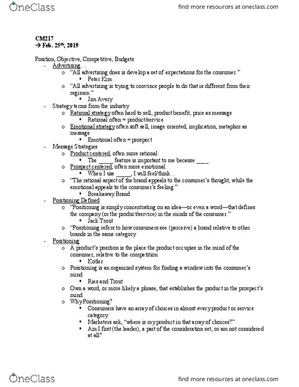 COM CM 217 Lecture Notes - Lecture 15: Jack Trout, Soft Sell, Oneword thumbnail