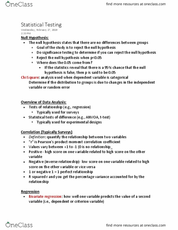 KIN 3982 Lecture Notes - Lecture 8: Pearson Product-Moment Correlation Coefficient, Null Hypothesis, Observational Error thumbnail