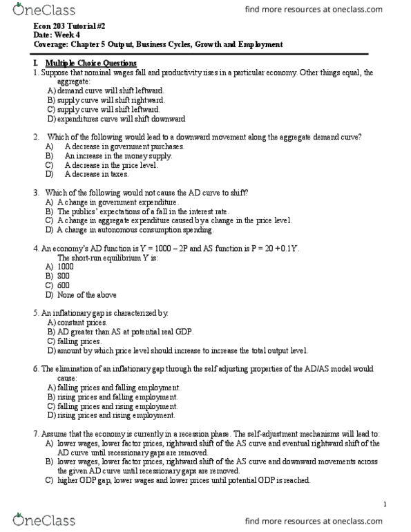 ECON 203 Lecture Notes - Lecture 1: Output Gap, Aggregate Demand, Potential Output thumbnail