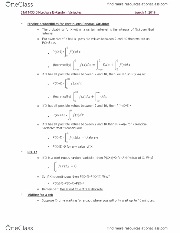 STAT 1430 Lecture Notes - Lecture 16: Probability Distribution, Antiderivative, Probability Density Function cover image