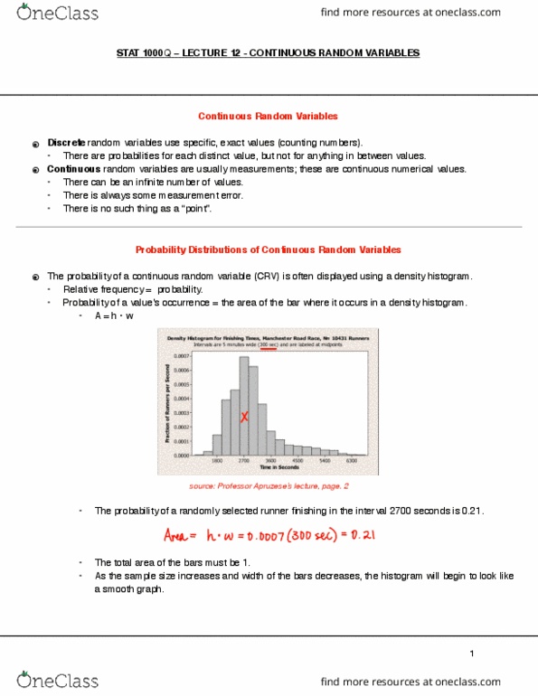 STAT 1000Q Lecture Notes - Lecture 12: Probability Distribution, Frequentist Probability, Random Variable thumbnail
