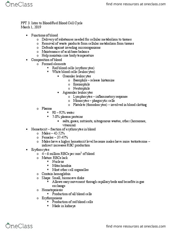 BMS 301 Lecture Notes - Lecture 13: Hematocrit, Red Blood Cell, Platelet thumbnail