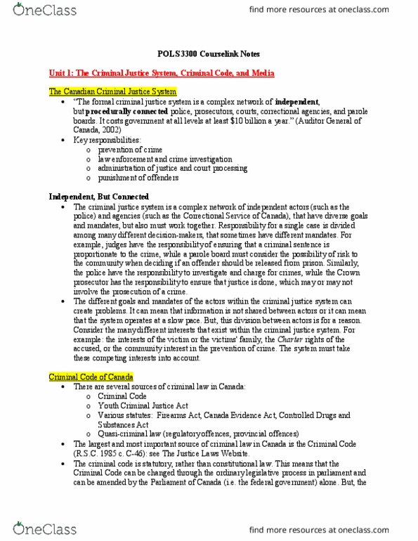 POLS 3300 Lecture Notes - Lecture 3: Youth Criminal Justice Act, Canada Evidence Act, Criminal Law Of Canada thumbnail
