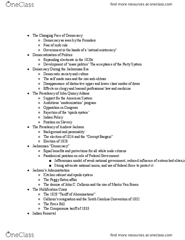 HIST 015A Lecture Notes - Lecture 9: Jacksonian Democracy, Nullification Crisis, Petticoat Affair thumbnail