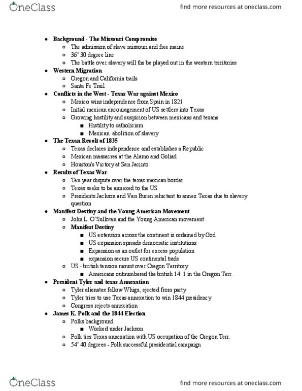 HIST 015A Lecture Notes - Lecture 10: Texas Annexation, Missouri Compromise, Wilmot Proviso thumbnail