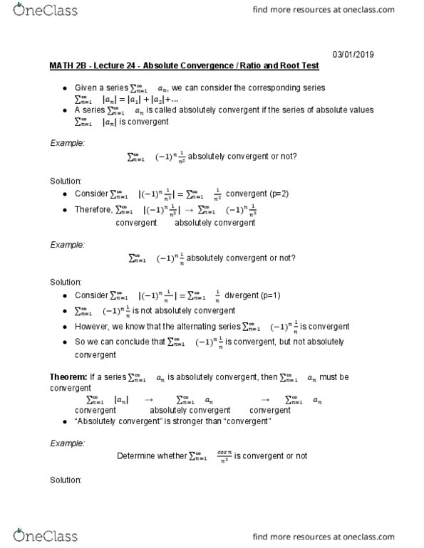 MATH 2B Lecture Notes - Lecture 24: Ratio Test cover image