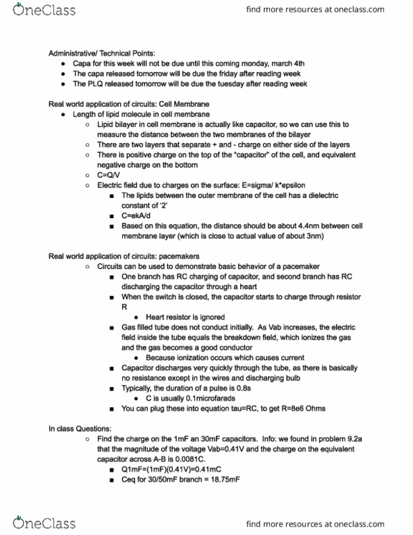 PHYS 102 Lecture Notes - Lecture 16: Electric Field, Capacitor, Lipid Bilayer cover image