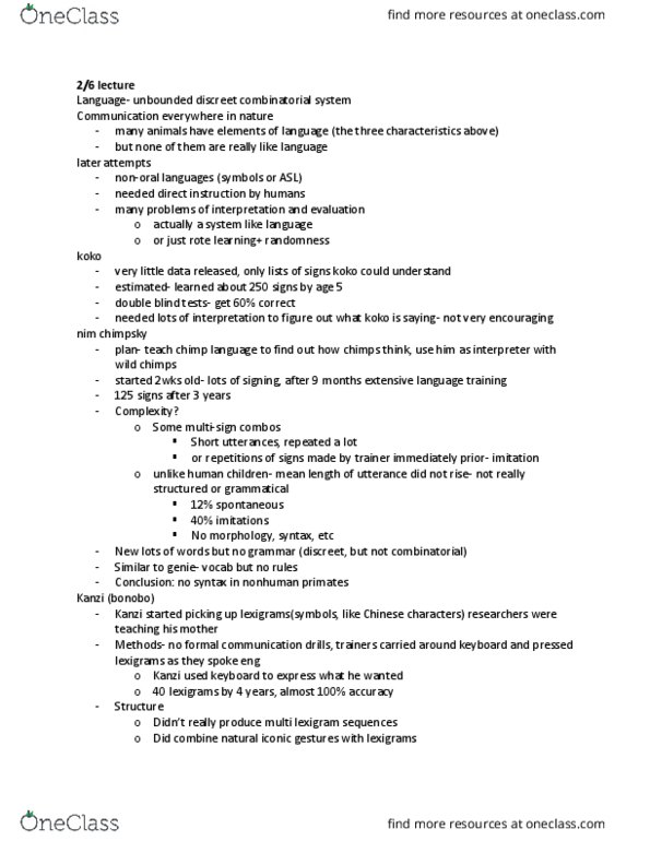 LING 001 Lecture Notes - Lecture 6: Nim Chimpsky, Phonetics, Kanzi thumbnail