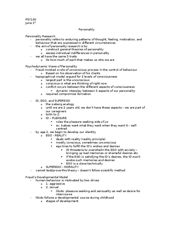 PSY201H5 Lecture Notes - Determinism, Analytical Psychology, Agreeableness thumbnail