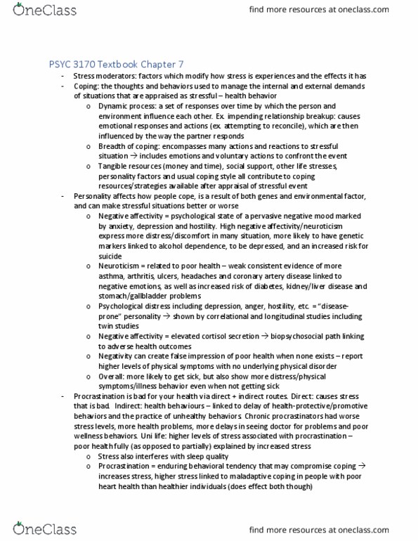 PSYC 3170 Chapter Notes - Chapter 7: Inflammatory Bowel Disease, Coronary Artery Disease, Psychological Resilience thumbnail