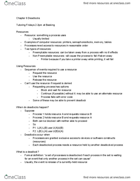 CSE 131 Lecture Notes - Lecture 11: Resource Allocation, Mutual Exclusion, General Idea thumbnail