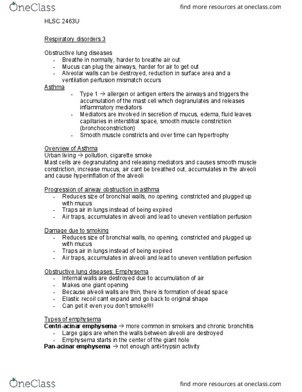 HLSC 2463U Lecture Notes - Lecture 8: Mast Cell, Alpha-1 Antitrypsin, Smooth Muscle Tissue thumbnail