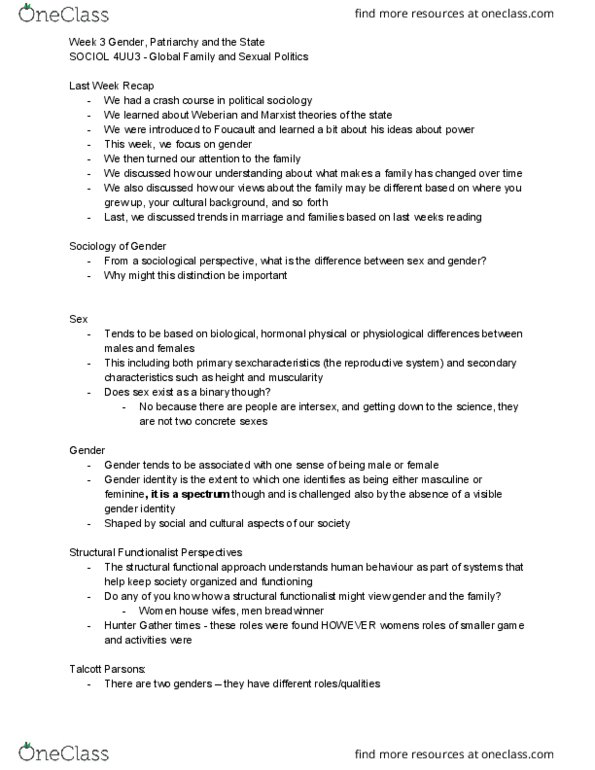 SOCIOL 4UU3 Lecture Notes - Lecture 3: Talcott Parsons, Political Sociology, Sexual Politics thumbnail