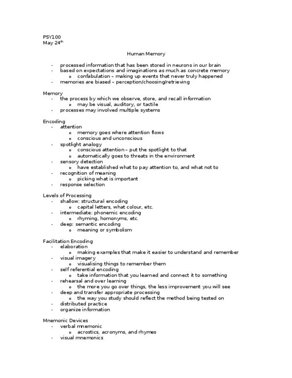 PSY201H5 Lecture Notes - Encoding Specificity Principle, Procedural Memory, Hindsight Bias thumbnail