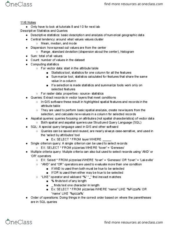 GEOG 286 Lecture Notes - Lecture 11: Query Language, Descriptive Statistics, Spatial Analysis thumbnail