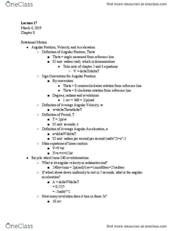 PHYS 6A Lecture Notes - Lecture 17: Angular Acceleration, Bicycle Wheel, Radian thumbnail