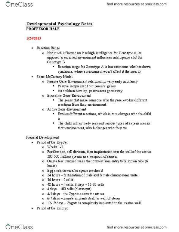 L33 Psych 321 Lecture Notes - Lecture 5: Prenatal Development, Blastocyst, Chromosome thumbnail