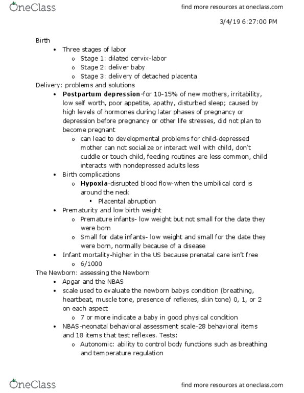 L33 Psych 321 Lecture Notes - Lecture 5: Placental Abruption, Umbilical Cord, Birth Weight thumbnail