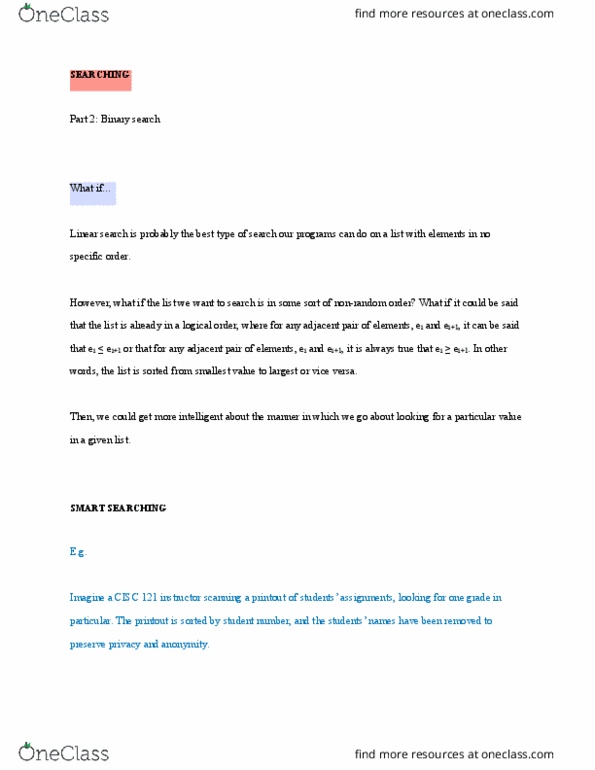 CISC 121 Lecture Notes - Lecture 22: Binary Search Algorithm, Linear Search, Complex Instruction Set Computing cover image