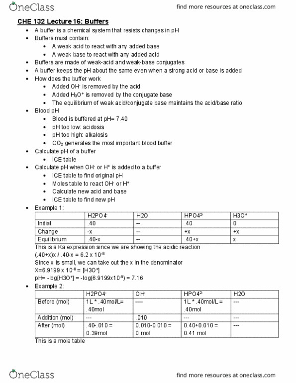 CHE 132 Lecture Notes - Lecture 16: Rice Chart, Conjugate Acid, Weak Base cover image