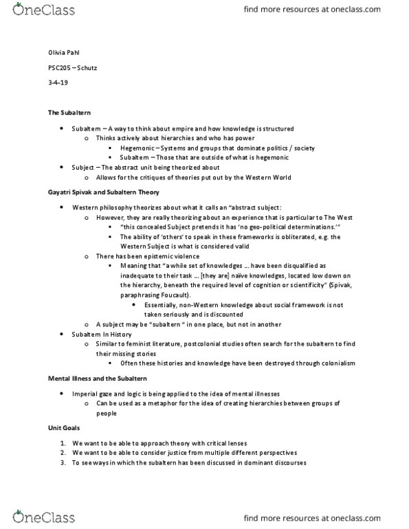 PSC 205 Lecture Notes - Lecture 15: Gayatri Chakravorty Spivak, Postcolonialism, Western Philosophy thumbnail