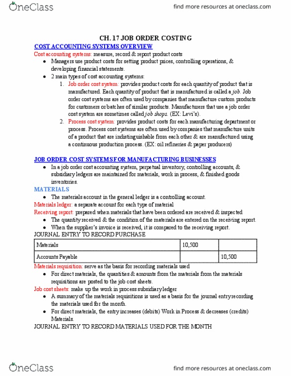 ACCTG 1B Chapter Notes - Chapter CH. 17 Job Order Costing: Subledger, General Ledger, Perpetual Inventory thumbnail