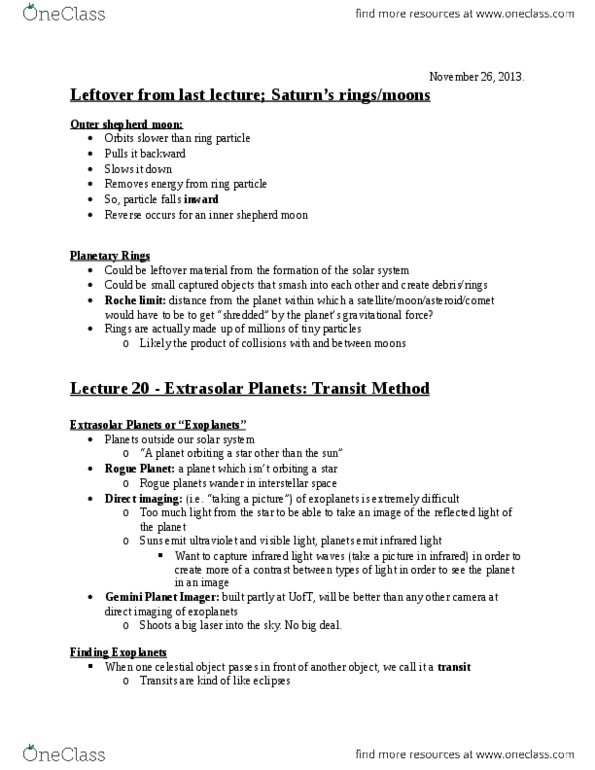 AST101H1 Lecture Notes - Lecture 20: Exoplanet, Astronomical Object, Gemini Planet Imager thumbnail