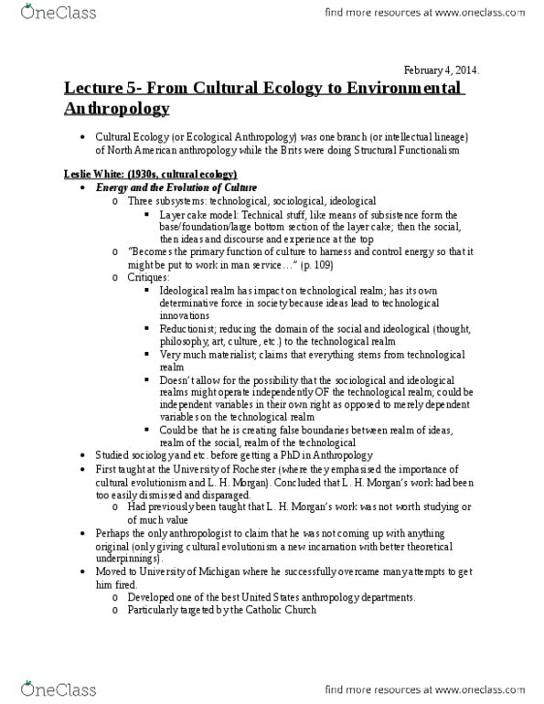 ANT370H1 Lecture Notes - Lecture 5: Environmental Policy, Marvin Harris, Sweet Potato thumbnail