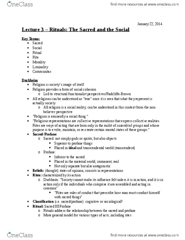 ANT356H1 Lecture Notes - Lecture 3: Mary Douglas, Dualism, Immanence thumbnail