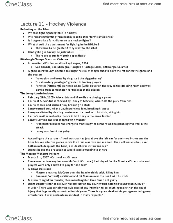 Kinesiology 2263F/G Lecture Notes - Lecture 11: International Professional Hockey League, Fighting In Ice Hockey, Montreal Shamrocks thumbnail