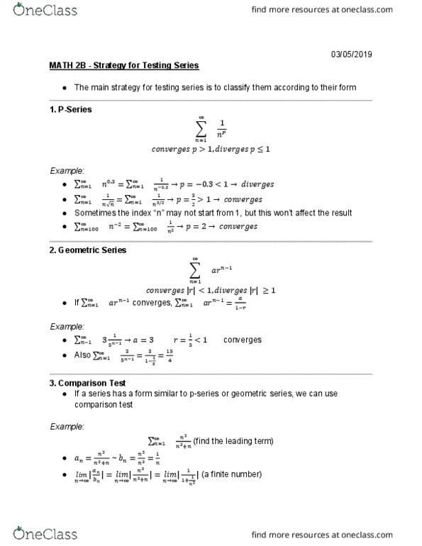 MATH 2B Lecture Notes - Lecture 25: Ibm System P, Direct Comparison Test, Ratio Test cover image