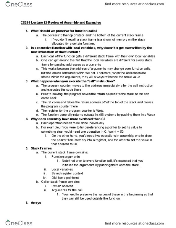 01:198:211 Lecture Notes - Lecture 12: Call Stack, Stack-Based Memory Allocation, Program Counter thumbnail