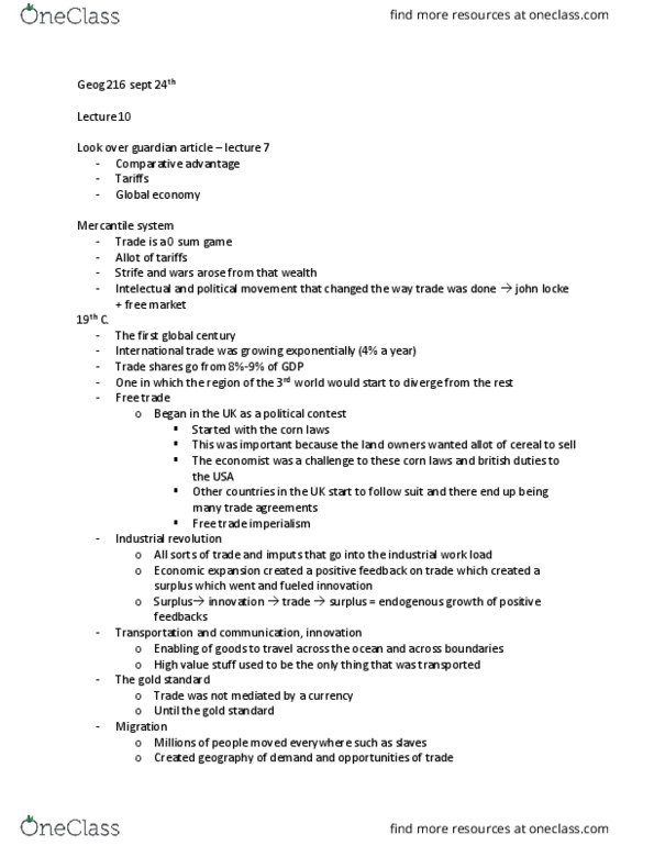 GEOG 216 Lecture Notes - Lecture 9: Corn Laws, Endogenous Growth Theory, Free Trade thumbnail