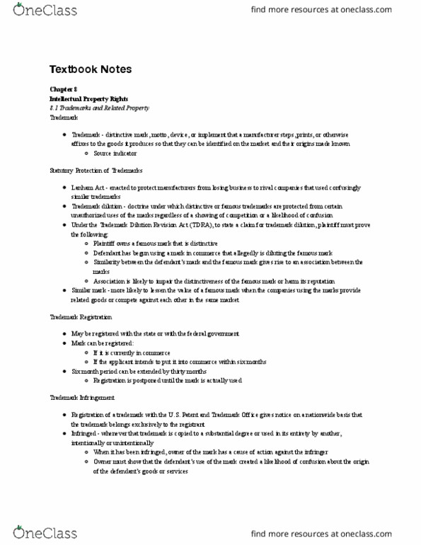 FIN 240 Chapter Notes - Chapter 8: Trademark Dilution, Patent Infringement, Lanham Act thumbnail