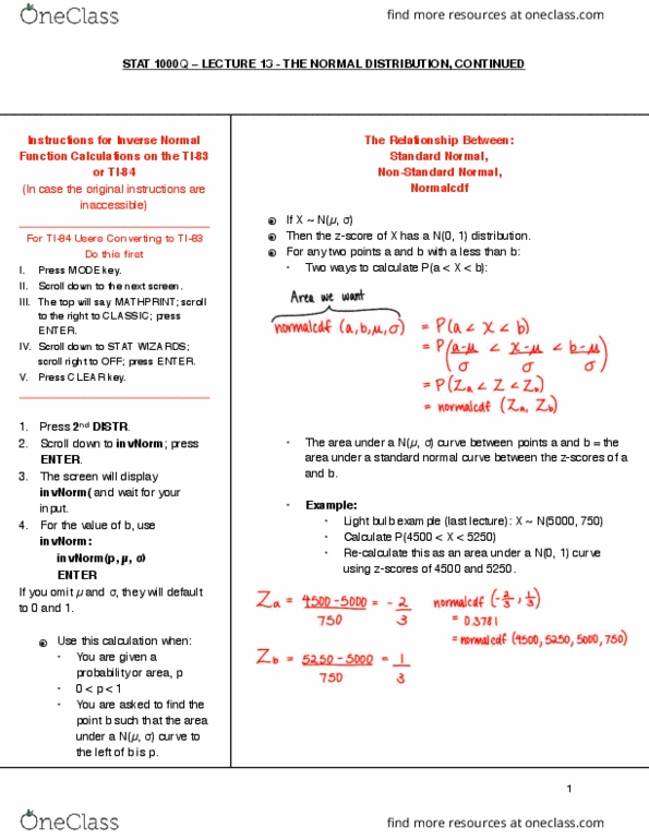 STAT 1000Q Lecture Notes - Lecture 13: Electric Light, Normal Distribution, Wear cover image