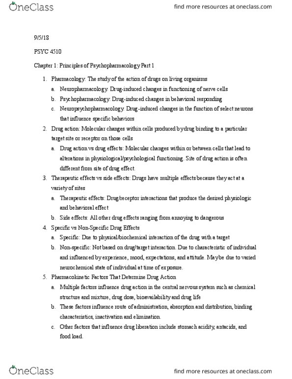 PSYC 4510 Chapter Notes - Chapter 1: Drug Action, Neuropharmacology, Bioavailability thumbnail
