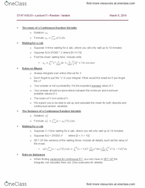 STAT 1430 Lecture Notes - Lecture 17: Probability Distribution, Random Variable, Standard Deviation cover image