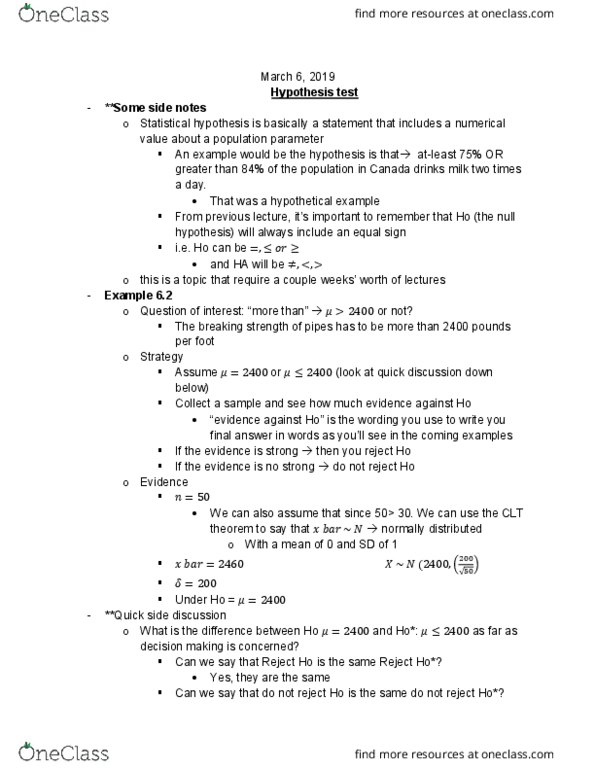 STAT 213 Lecture Notes - Lecture 24: Type I And Type Ii Errors, Statistical Parameter, Null Hypothesis cover image